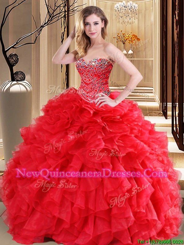 Fashionable Red Ball Gowns Sweetheart Sleeveless Organza Floor Length Lace Up Beading and Ruffles Sweet 16 Quinceanera Dress