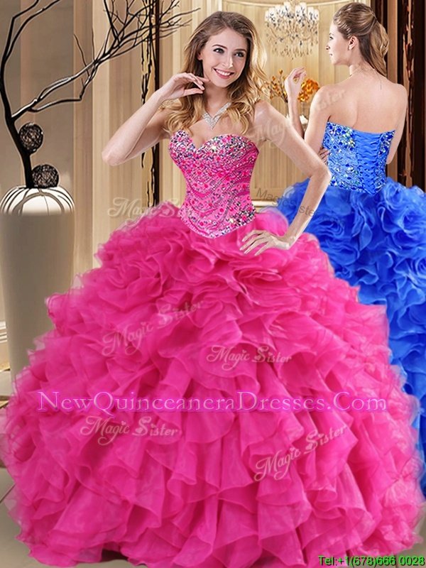 Edgy Floor Length Hot Pink Quinceanera Gowns Organza Sleeveless Spring and Summer and Fall and Winter Beading and Ruffles