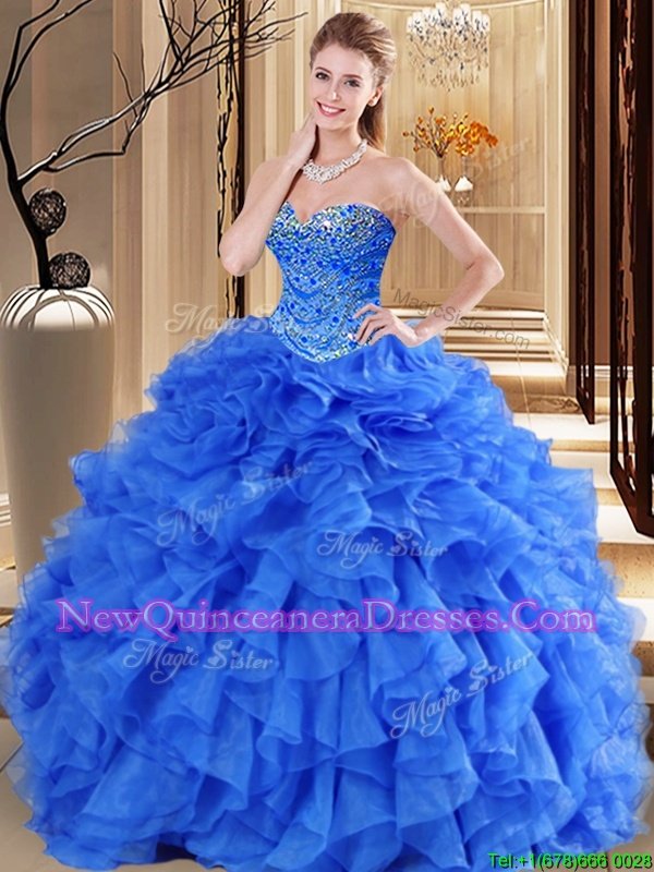 Perfect Royal Blue Tulle Lace Up Quinceanera Dress Sleeveless Floor Length Beading and Ruffles