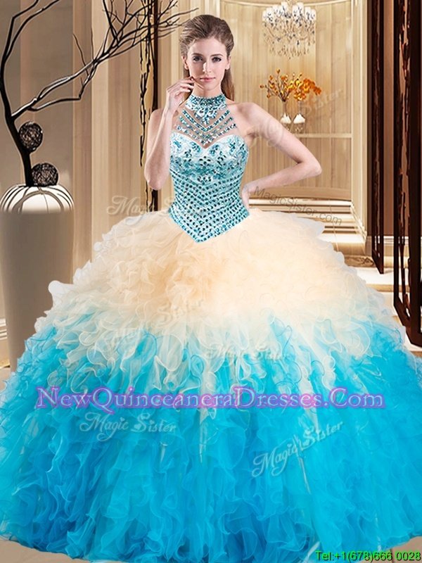 Halter Top Floor Length Ball Gowns Sleeveless Multi-color Sweet 16 Dresses Lace Up