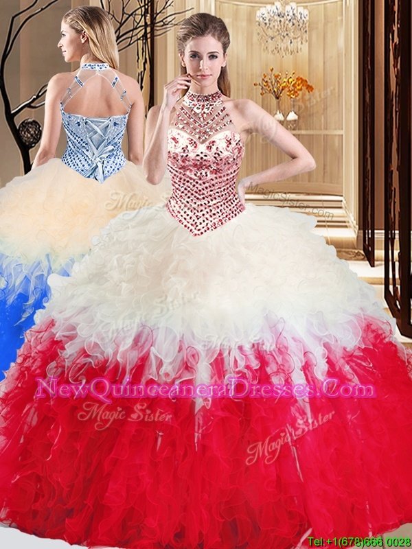 Stunning Halter Top Sleeveless Vestidos de Quinceanera Floor Length Beading and Ruffles White And Red Tulle