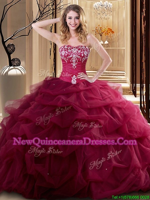 Smart Wine Red Sleeveless Floor Length Embroidery and Ruffles Lace Up 15 Quinceanera Dress