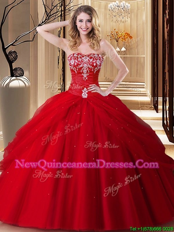 High Quality Ball Gowns Quinceanera Gown Red Sweetheart Tulle Sleeveless Floor Length Lace Up