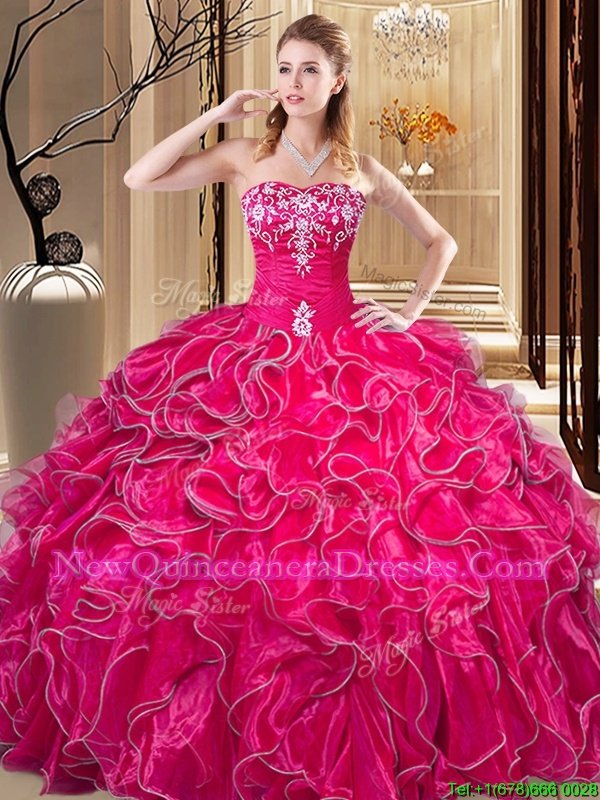 High End Organza Sweetheart Sleeveless Lace Up Embroidery and Ruffles Quinceanera Gowns inHot Pink