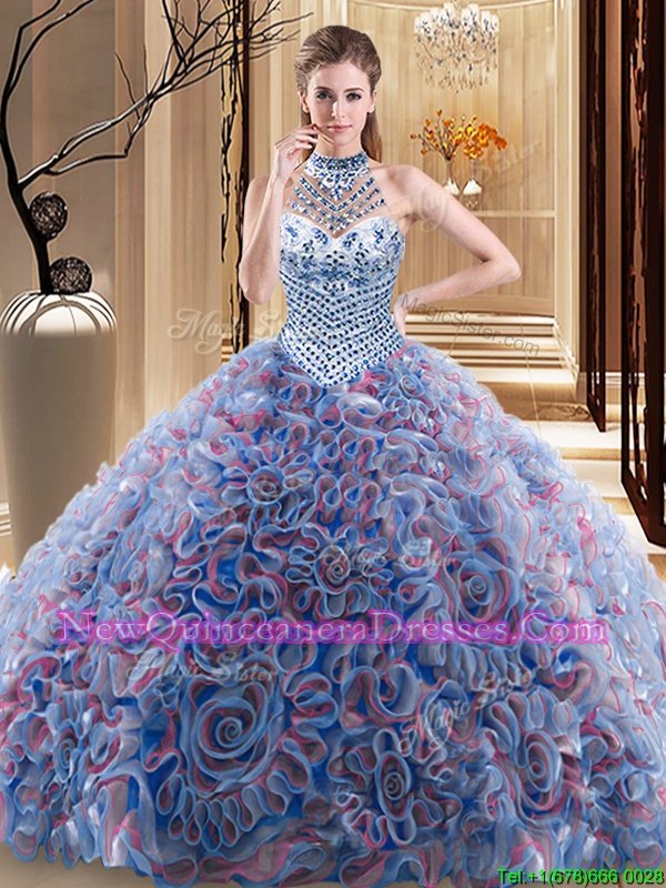 New Style Halter Top Sleeveless Quinceanera Dress With Brush Train Beading Multi-color Fabric With Rolling Flowers