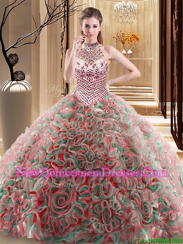 Free and Easy Halter Top With Train Ball Gowns Sleeveless Multi-color Quinceanera Gown Brush Train Lace Up