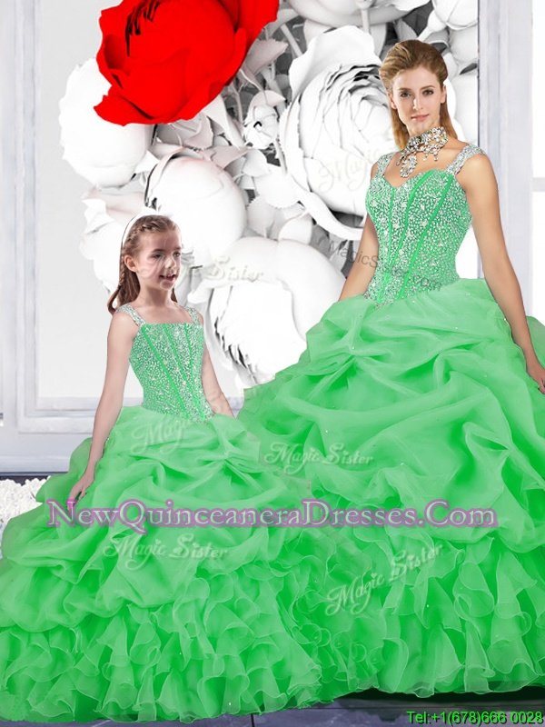 Popular Straps Straps Sleeveless Floor Length Beading and Ruffles and Pick Ups Lace Up Vestidos de Quinceanera with Green