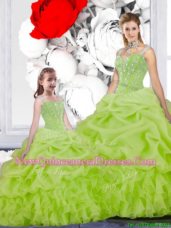 Beauteous Yellow Green Organza Lace Up Spaghetti Straps Sleeveless Floor Length Quince Ball Gowns Beading and Ruffles and Pick Ups