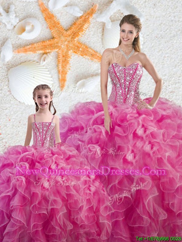 Hot Pink Organza Lace Up Sweetheart Sleeveless Floor Length 15th Birthday Dress Beading and Ruffles