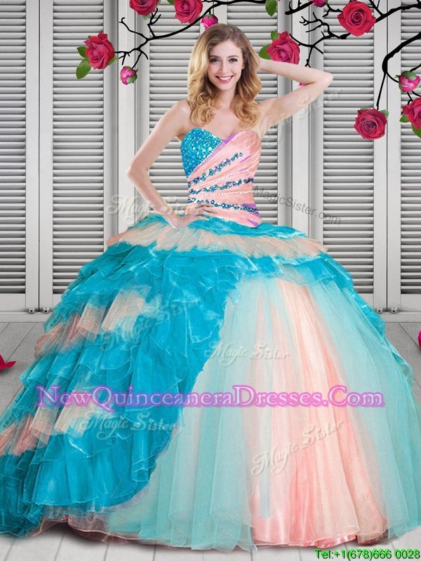 Modest Multi-color Sweetheart Neckline Beading and Ruching Vestidos de Quinceanera Sleeveless Lace Up