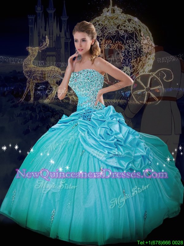 Modern Blue Strapless Lace Up Beading and Pick Ups Vestidos de Quinceanera Sleeveless