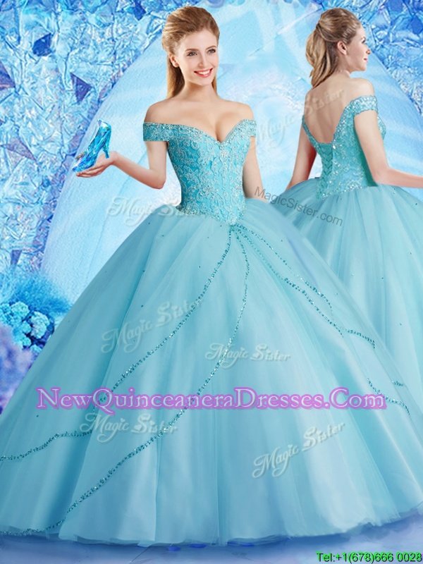 Glorious Off the Shoulder Aqua Blue Lace Up Sweet 16 Quinceanera Dress Beading Sleeveless With Brush Train