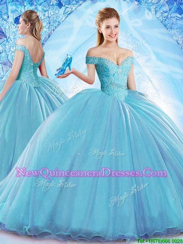 Nice Brush Train Ball Gowns Quinceanera Gown Aqua Blue Off The Shoulder Organza Sleeveless With Train Lace Up