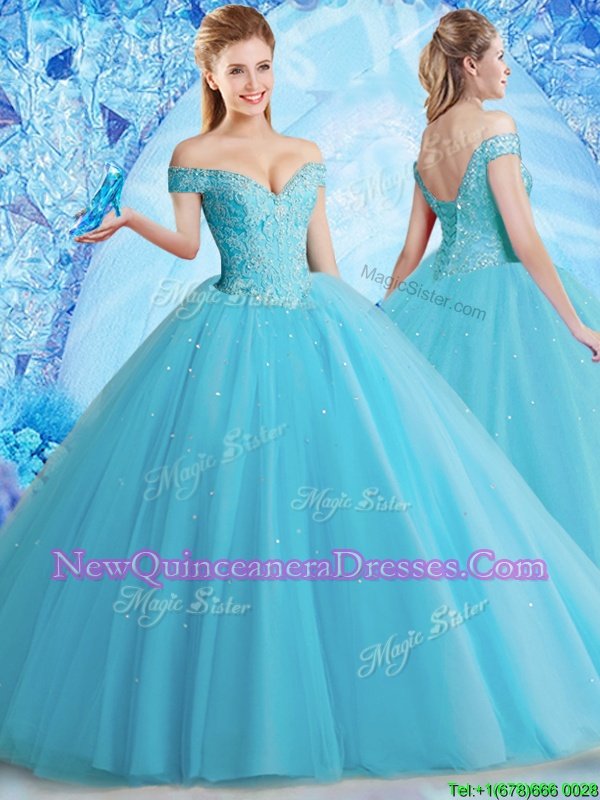 Fancy Aqua Blue Ball Gowns Off The Shoulder Sleeveless Tulle Floor Length Lace Up Beading and Lace 15 Quinceanera Dress
