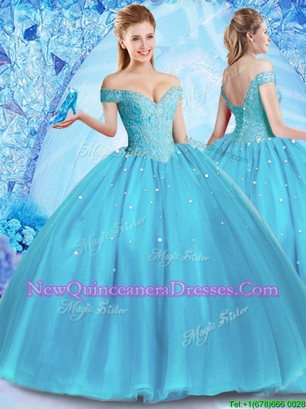 Sumptuous Off the Shoulder Baby Blue Ball Gowns Beading 15th Birthday Dress Lace Up Tulle Sleeveless Floor Length