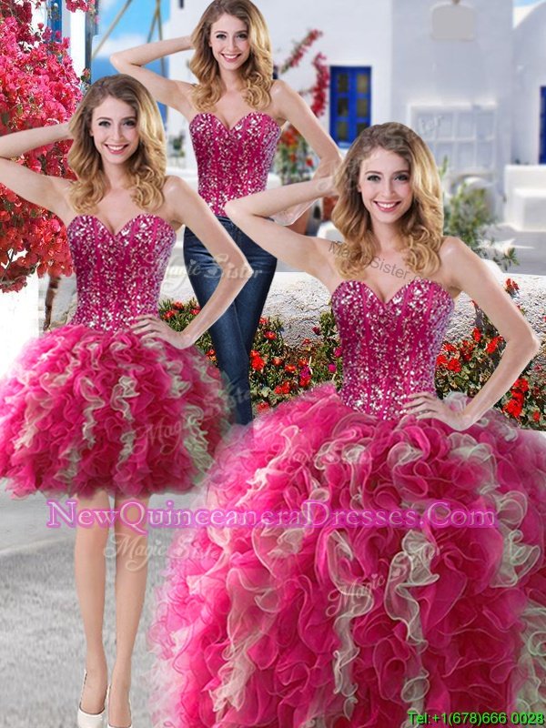 New Arrival Three Piece Hot Pink and Champagne 15th Birthday Dress Military Ball and Sweet 16 and Quinceanera and For withBeading Sweetheart Sleeveless Lace Up