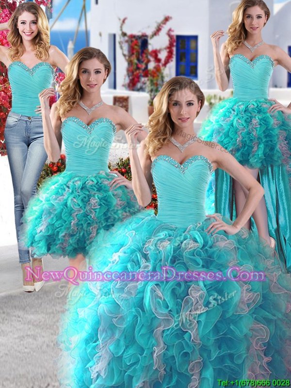 Chic Four Piece White and Baby Blue Ball Gowns Beading 15th Birthday Dress Lace Up Organza Sleeveless Floor Length