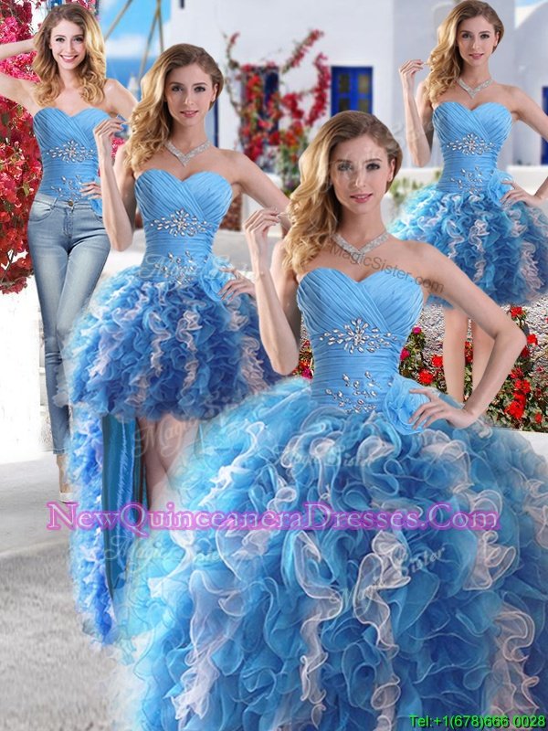 Nice Four Piece Beading Quinceanera Gowns White and Blue and Blue And White Lace Up Sleeveless Floor Length