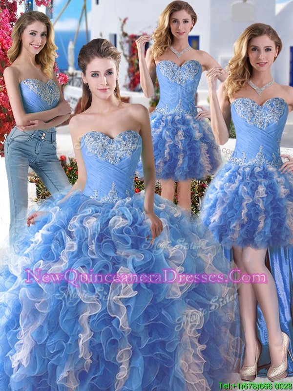 Traditional Four Piece White and Blue and Blue And White Ball Gowns Organza Sweetheart Sleeveless Beading Floor Length Lace Up Ball Gown Prom Dress
