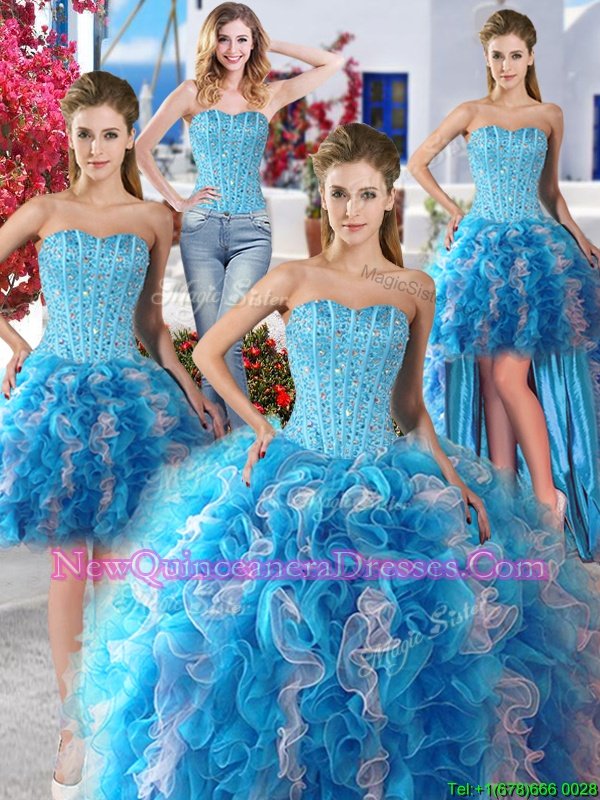 Beautiful Four Piece White and Baby Blue Sweet 16 Dress Military Ball and Sweet 16 and Quinceanera and For withBeading Sweetheart Sleeveless Lace Up