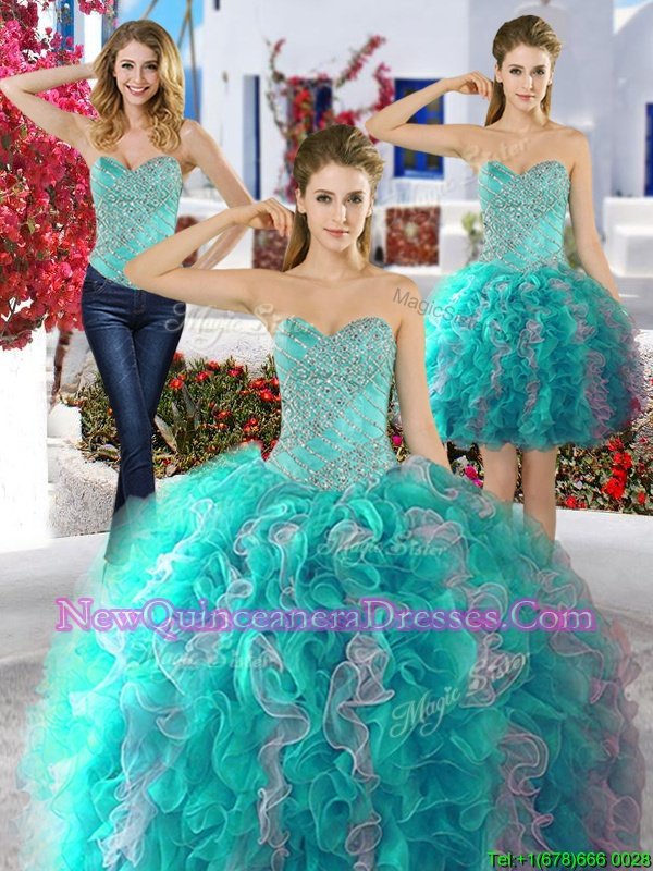 Luxurious Three Piece Ball Gowns Ball Gown Prom Dress Turquoise and Grey Sweetheart Organza Sleeveless Floor Length Lace Up