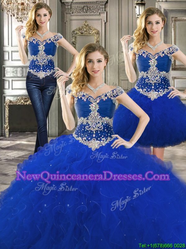 Attractive Three Piece Off the Shoulder Royal Blue Sleeveless Beading and Ruffles Floor Length Sweet 16 Dress