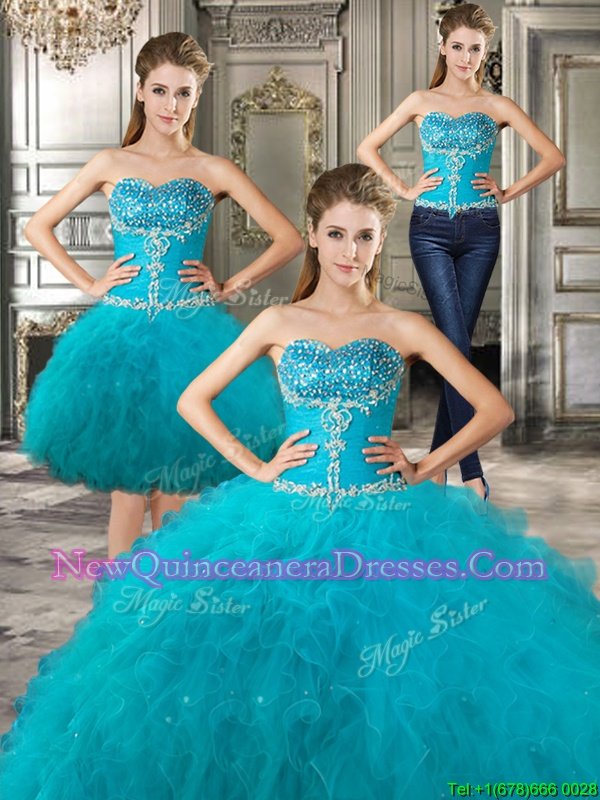 Sumptuous Three Piece Teal Ball Gowns Beading and Ruffles Sweet 16 Dress Lace Up Tulle Sleeveless Floor Length