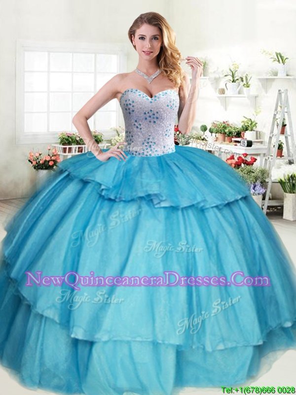 Ideal Aqua Blue Ball Gowns Tulle Sweetheart Sleeveless Beading and Ruffled Layers Floor Length Lace Up Sweet 16 Dresses