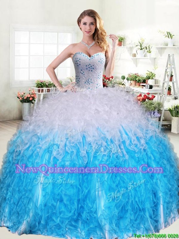 Custom Designed Floor Length Blue And White Quinceanera Dress Sweetheart Sleeveless Lace Up