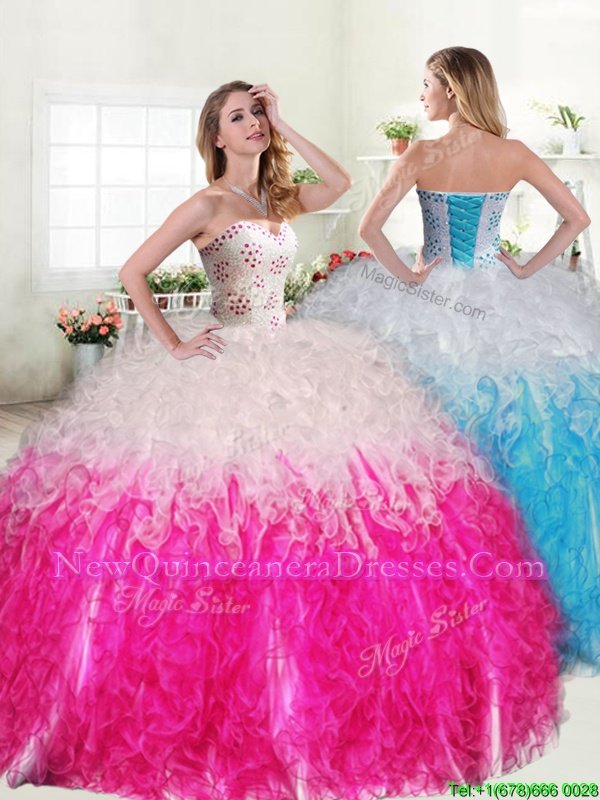 Glittering Organza Sweetheart Sleeveless Lace Up Beading and Ruffles Quinceanera Dress inPink And White