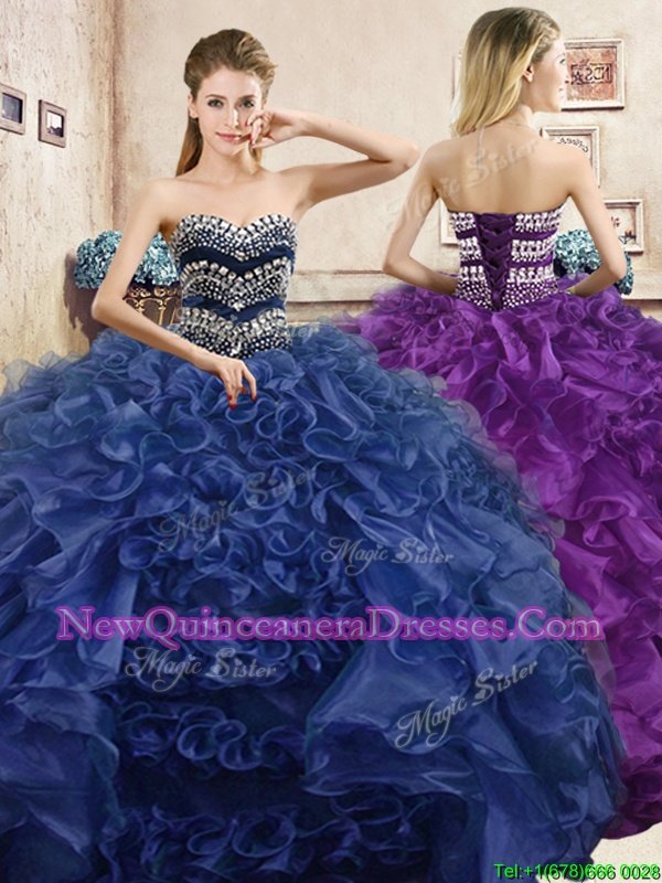 Captivating Navy Blue Sweetheart Neckline Beading and Ruffles Ball Gown Prom Dress Sleeveless Lace Up