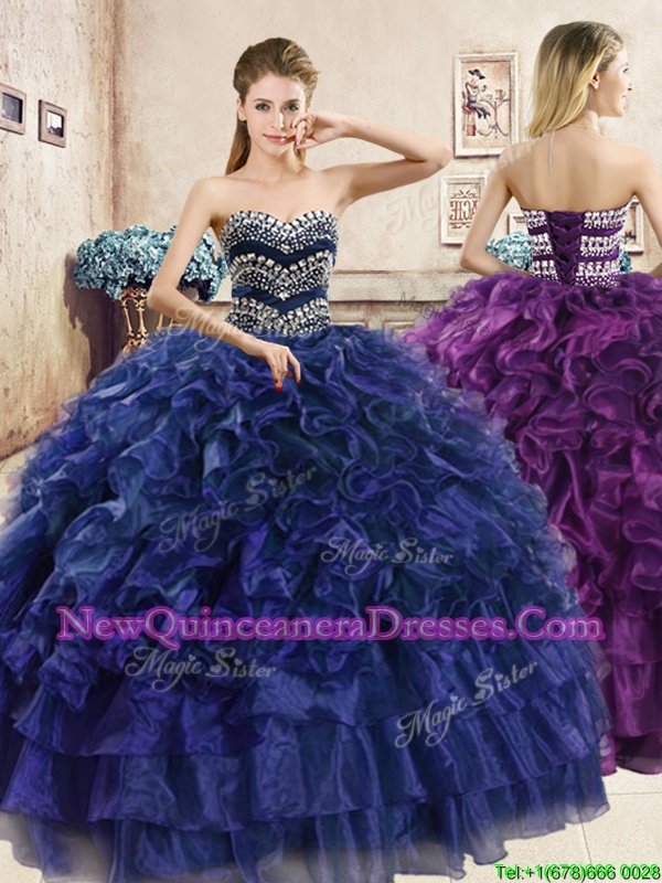 New Arrival Navy Blue Sleeveless Beading and Ruffles Floor Length Sweet 16 Dress