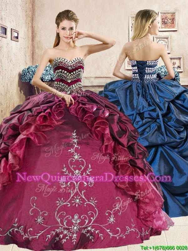Customized Red and Royal Blue Sleeveless Beading and Embroidery and Pick Ups Floor Length Quinceanera Gown