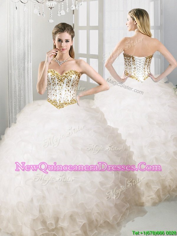 Custom Design Floor Length Lace Up Sweet 16 Dress White and In for Military Ball and Sweet 16 and Quinceanera withRuffles