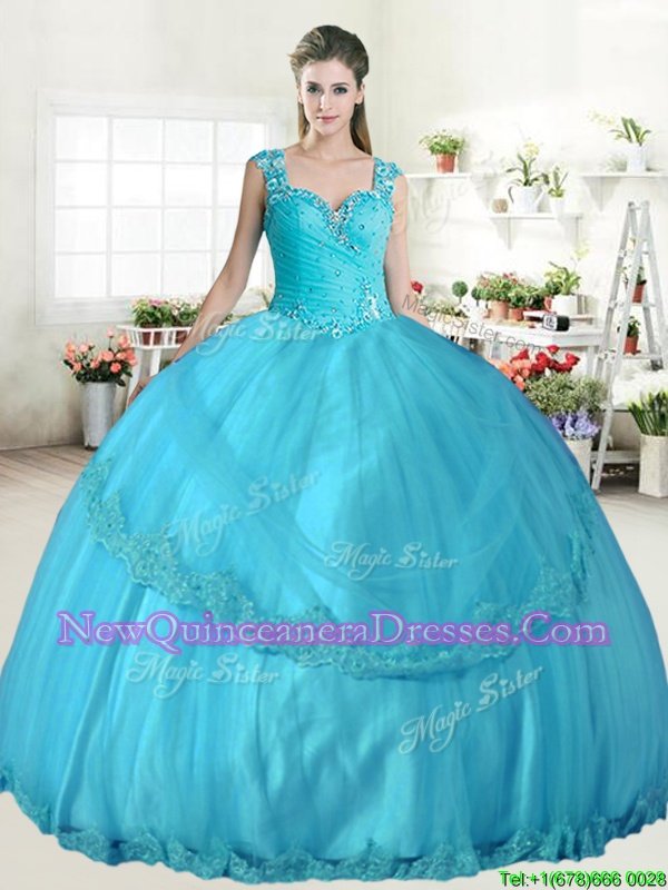 Lovely Ball Gowns Quinceanera Dress Aqua Blue Straps Tulle Sleeveless Floor Length Lace Up