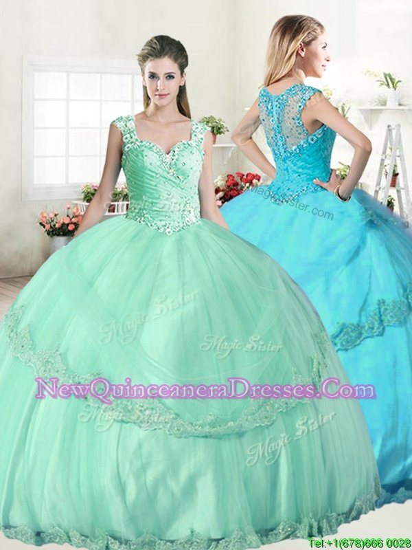 Dynamic Straps Straps Apple Green Lace Up Ball Gown Prom Dress Beading and Lace and Appliques Sleeveless Floor Length
