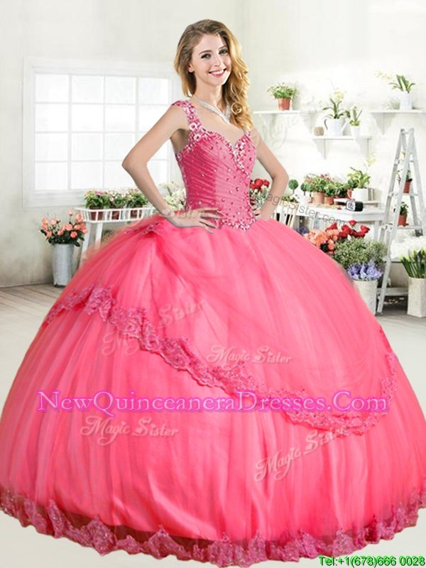 Fashion Hot Pink Halter Top Lace Up Beading and Appliques Quince Ball Gowns Sleeveless