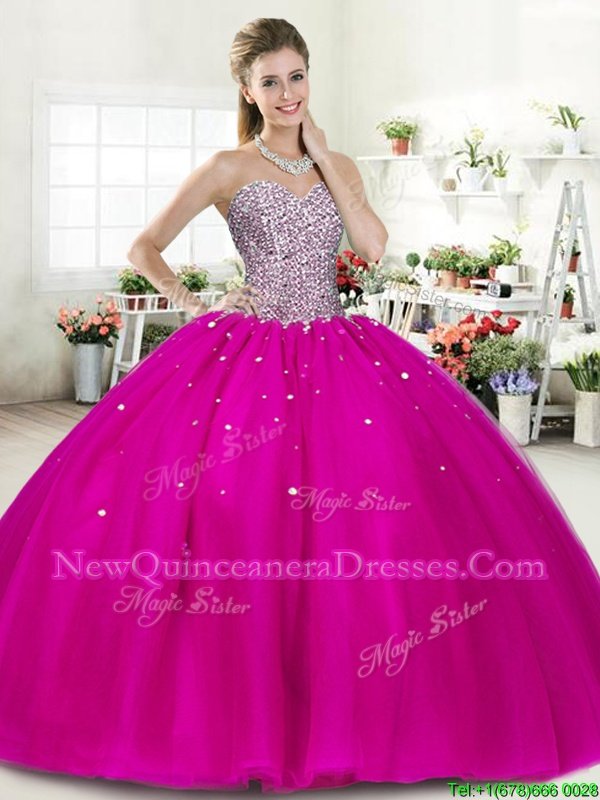 Eye-catching Fuchsia Ball Gowns Beading Sweet 16 Dresses Lace Up Tulle Sleeveless Floor Length