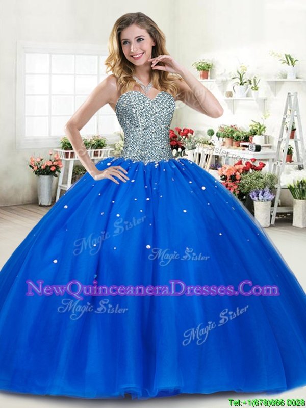 Low Price Royal Blue Ball Gowns Sweetheart Sleeveless Tulle Floor Length Lace Up Beading Quinceanera Dress
