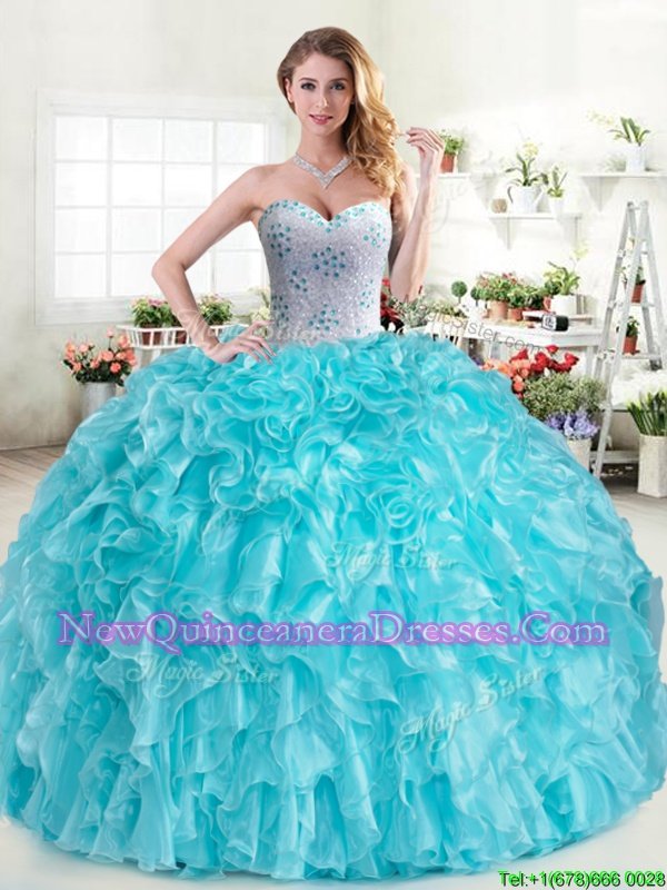 Glorious Floor Length Ball Gowns Sleeveless Aqua Blue 15 Quinceanera Dress Lace Up