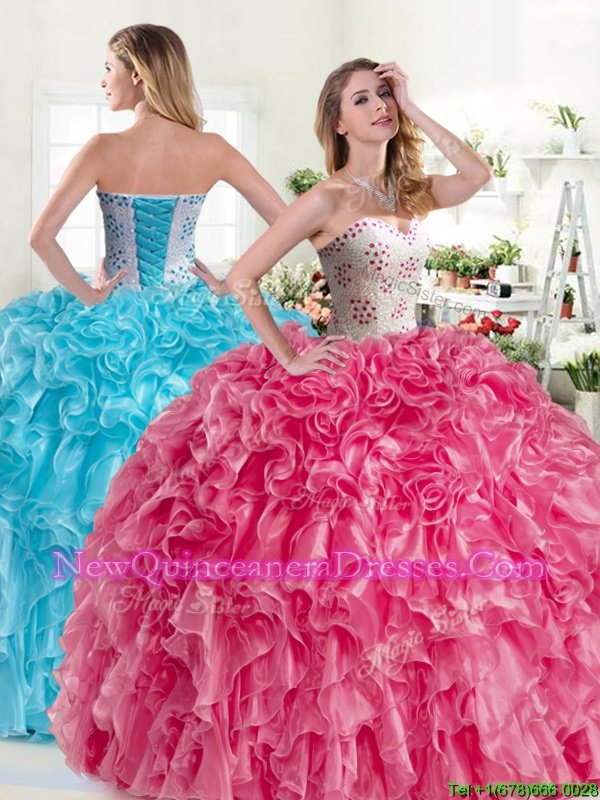On Sale Sleeveless Organza Floor Length Lace Up Sweet 16 Quinceanera Dress inPink and Aqua Blue withBeading and Ruffles