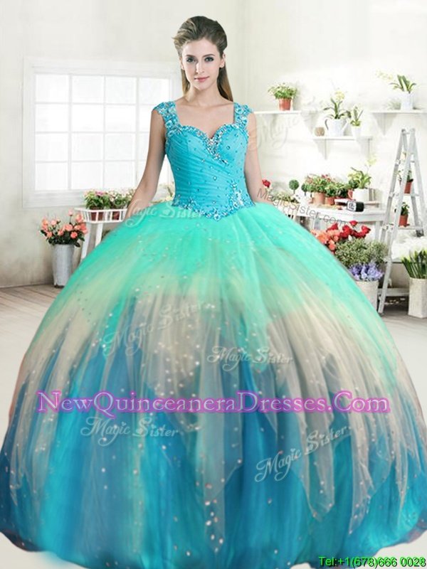 Best Selling Straps Straps Multi-color Zipper Quinceanera Gowns Beading and Ruffled Layers Sleeveless Floor Length