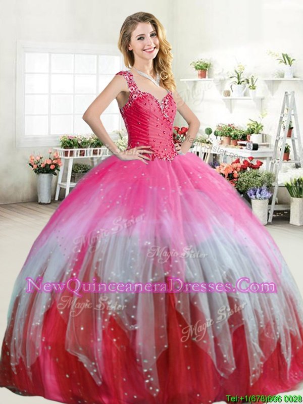 Decent Ruffled Straps Sleeveless Zipper Sweet 16 Dresses Multi-color Tulle
