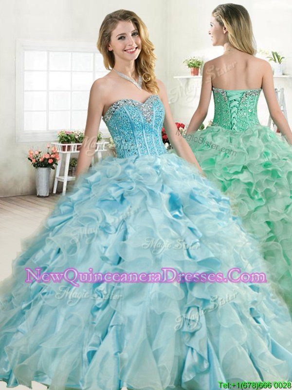 Glittering Baby Blue Sweetheart Lace Up Beading and Ruffles Quinceanera Gowns Sleeveless