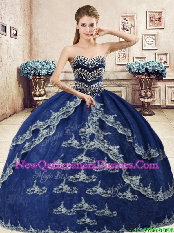 Beauteous Navy Blue Ball Gowns Organza Sweetheart Sleeveless Beading and Appliques Floor Length Lace Up Sweet 16 Dress