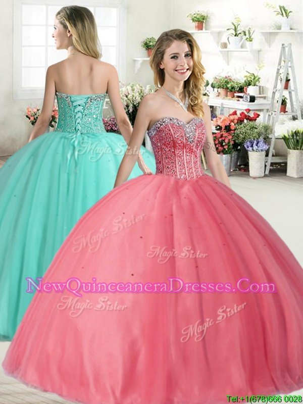 Eye-catching Pink Ball Gowns Tulle Sweetheart Sleeveless Beading Floor Length Lace Up Quinceanera Dress