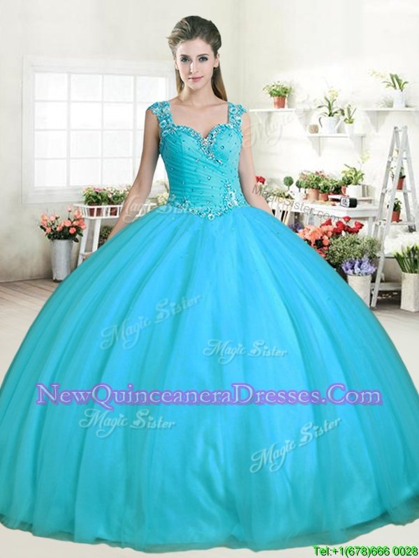 Modern Aqua Blue Ball Gowns Tulle Straps Sleeveless Beading Floor Length Zipper 15th Birthday Dress