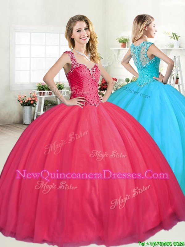Fine Straps Straps Coral Red Sleeveless Beading Floor Length Quince Ball Gowns
