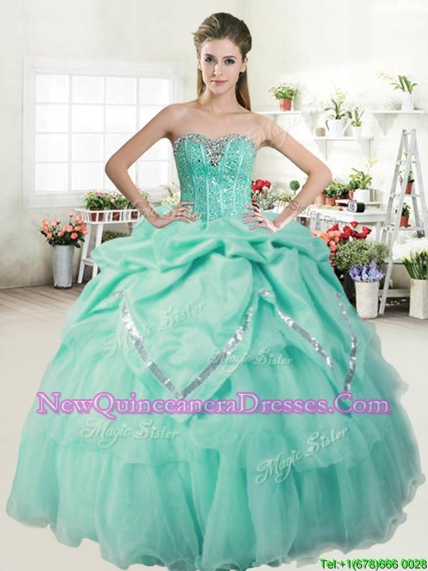 Sumptuous Apple Green Sweetheart Lace Up Beading and Pick Ups Sweet 16 Dresses Sleeveless