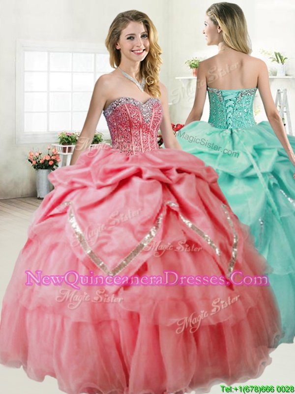 Trendy Sweetheart Sleeveless Lace Up Sweet 16 Dresses Watermelon Red Organza and Taffeta
